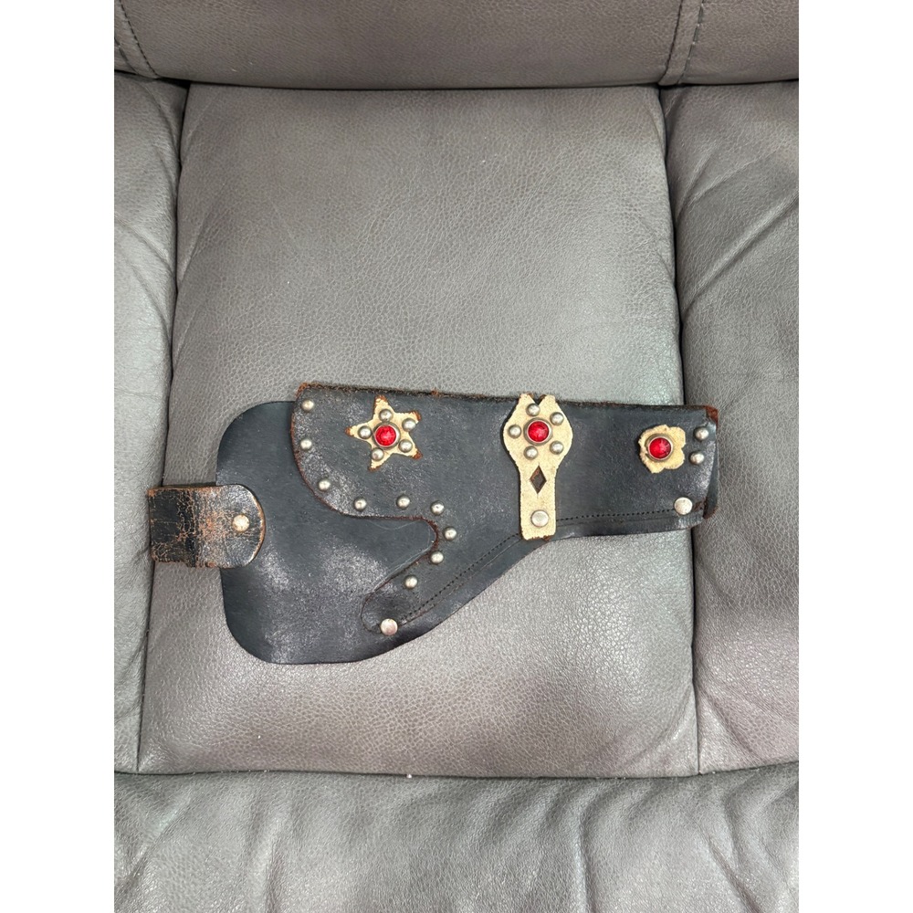 Vintage Western Leather Toy Gun‎ Holster Studded Red Gemstone Black Cowboy
